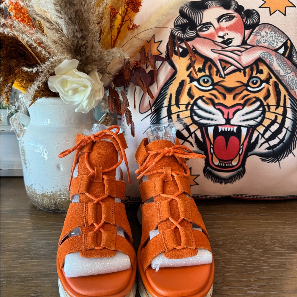 Sorel Orange Suede Platform Sandals β Chunky Fall Goddess Wedges β Size 7 - Picture 3 of 13